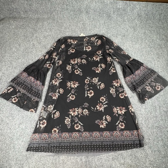 Style & Co Dress Women S Black Floral Bell Sleeve Boho Sheer Overlay Whimsigoth - Picture 9 of 14